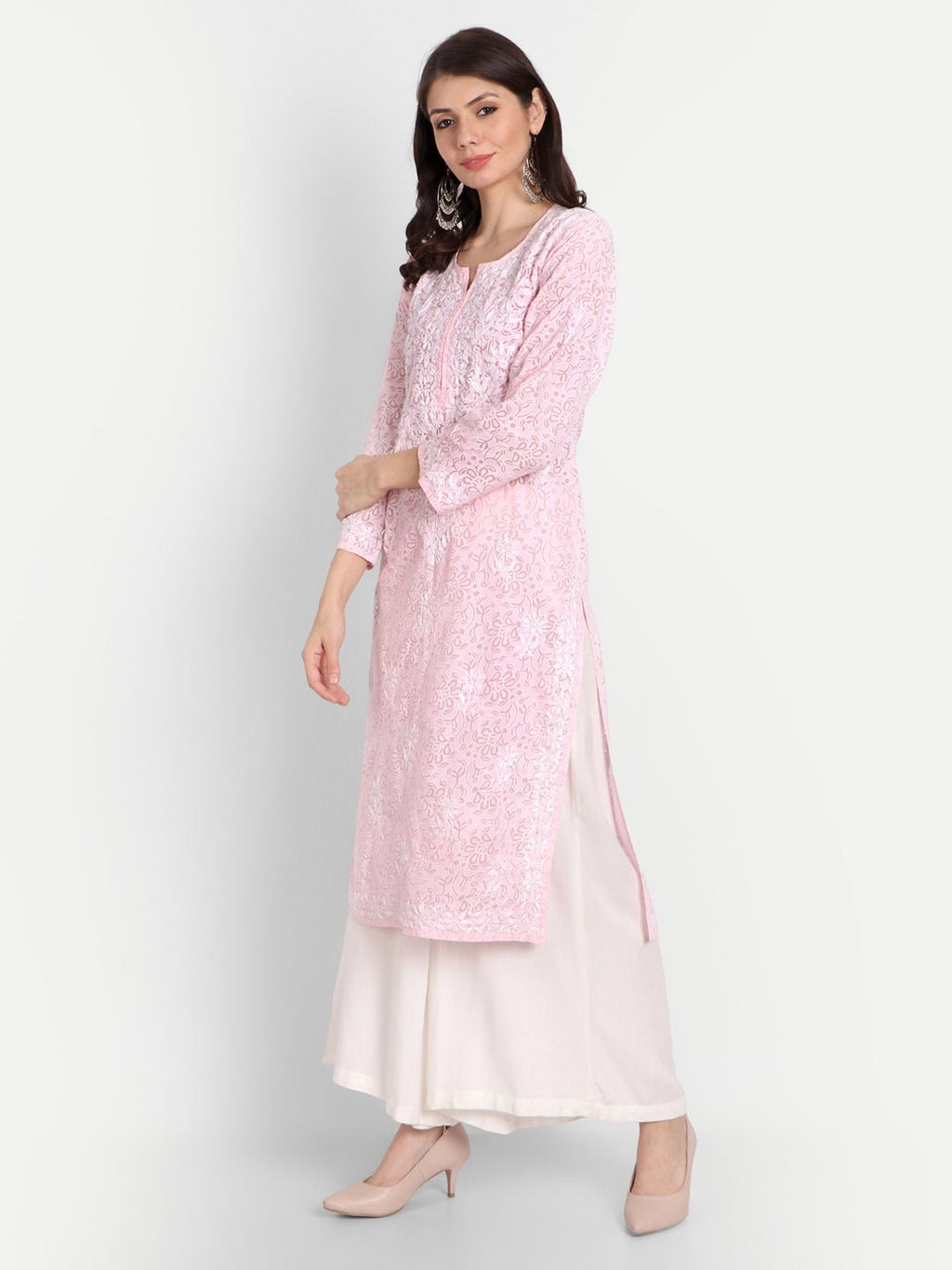 Lucknow Chikankari Hand Embroidered Kurti Brasso Cotton - Indiankala4u