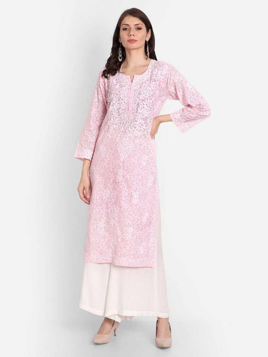 Lucknow Chikankari Hand Embroidered Kurti Brasso Cotton - Indiankala4u
