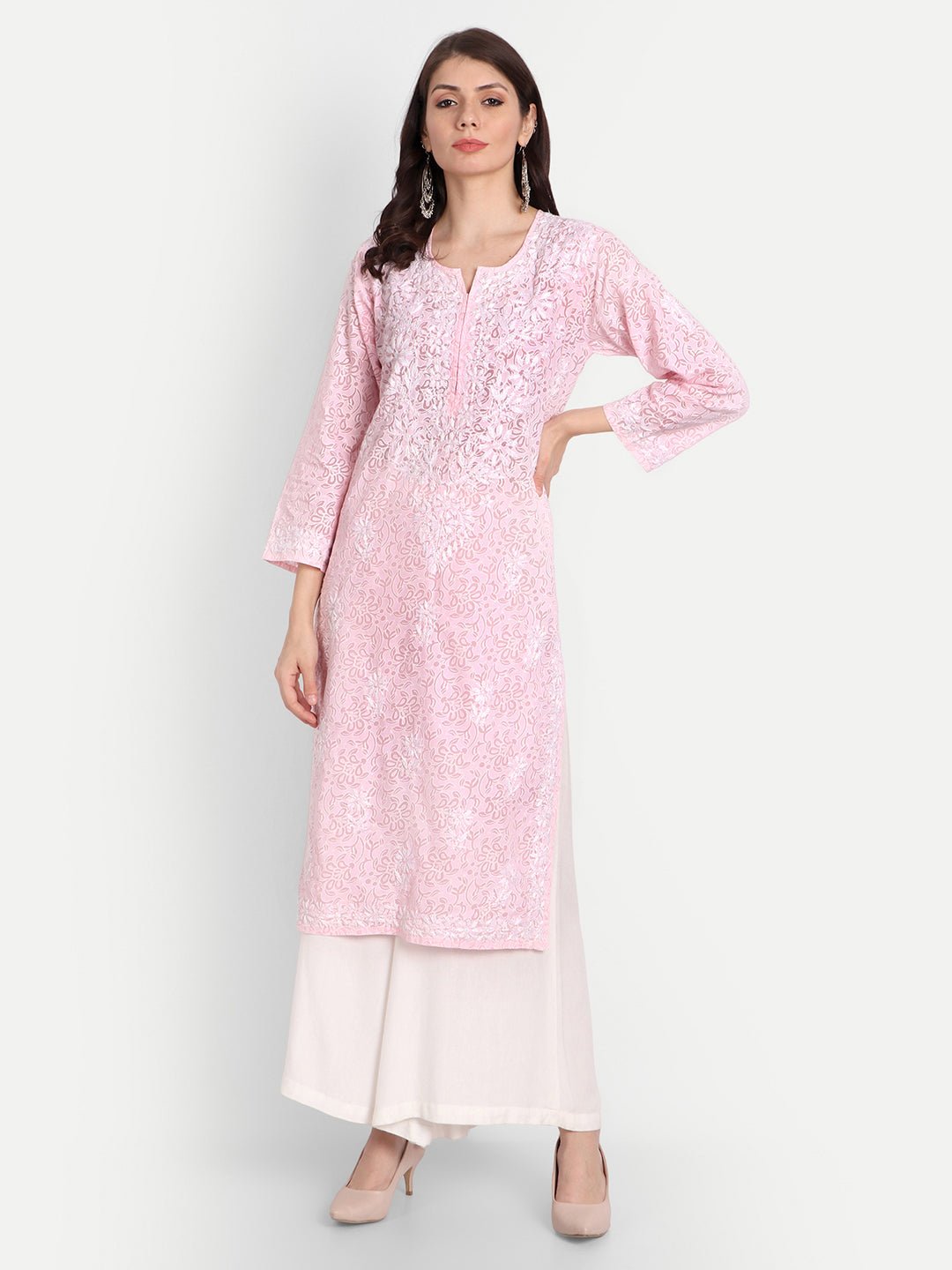 Lucknow Chikankari Hand Embroidered Kurti Brasso Cotton - Indiankala4u