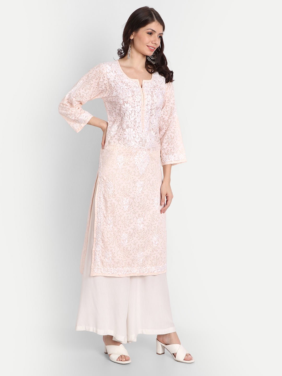 Lucknow Chikankari Hand Embroidered Kurti Brasso Cotton - Indiankala4u