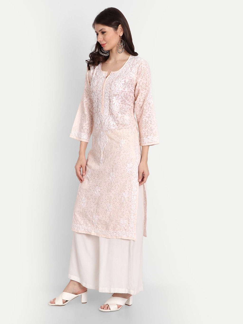 Lucknow Chikankari Hand Embroidered Kurti Brasso Cotton - Indiankala4u