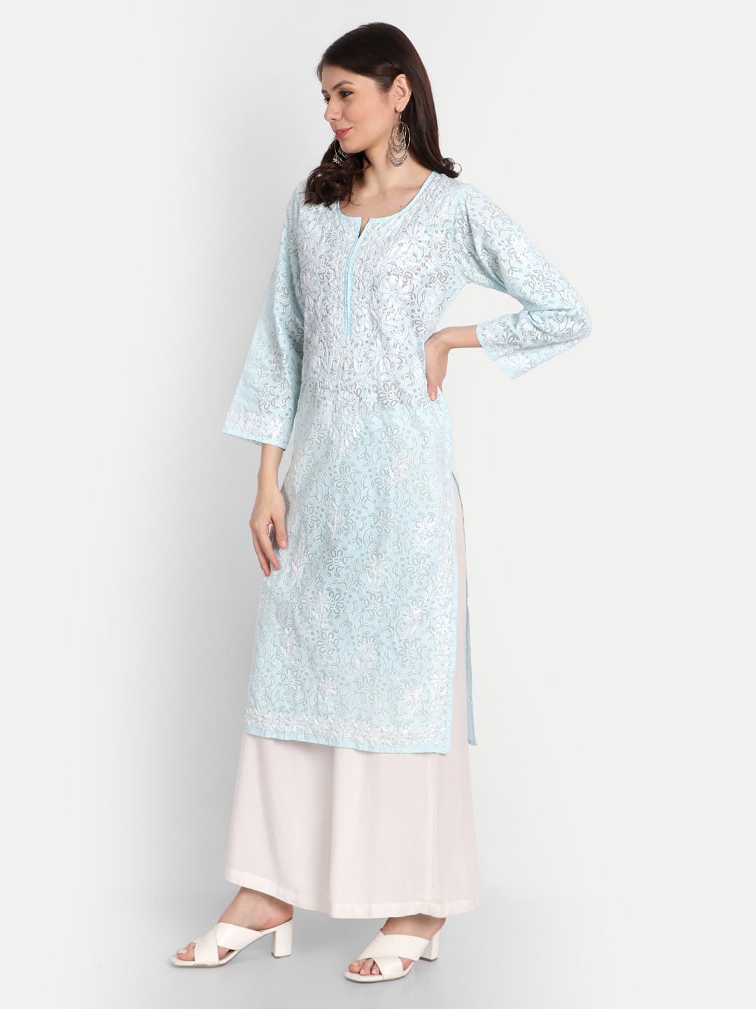 Lucknow Chikankari Hand Embroidered Kurti Brasso Cotton - Indiankala4u