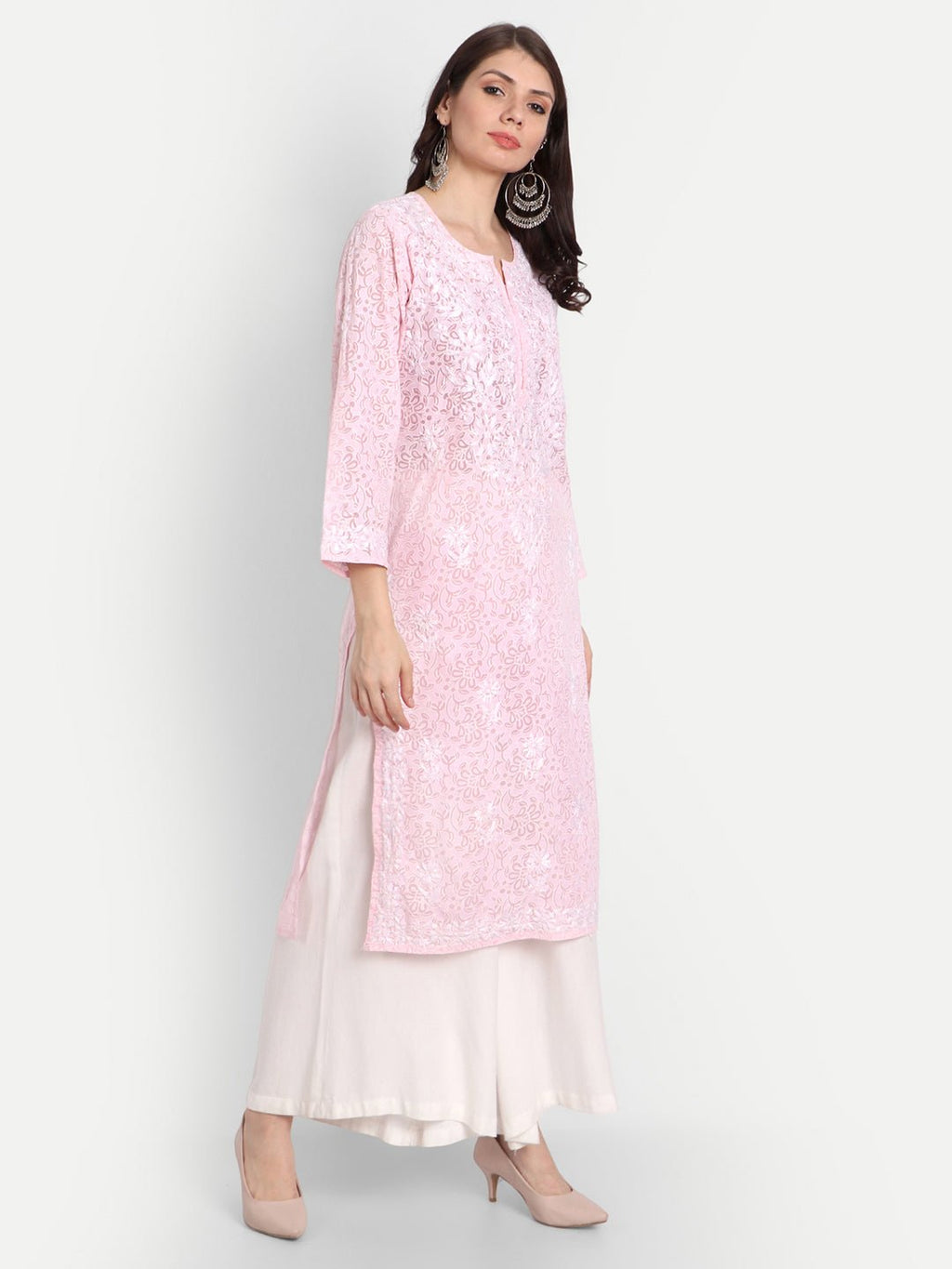 Lucknow Chikankari Hand Embroidered Kurti Brasso Cotton - Indiankala4u