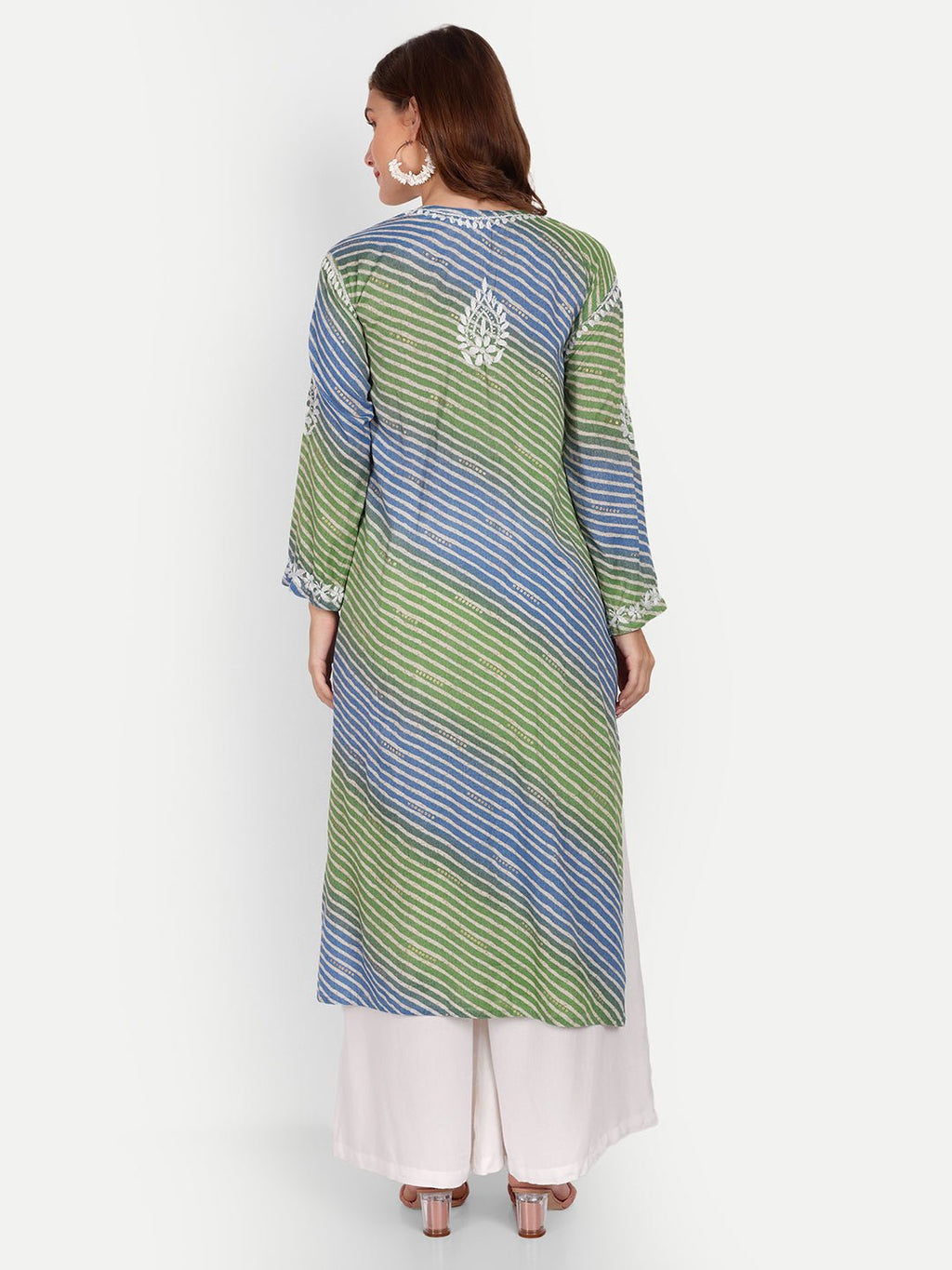Lucknow Chikankari Hand Embroidered Leheriya Nyra cut Kurta - Indiankala4u