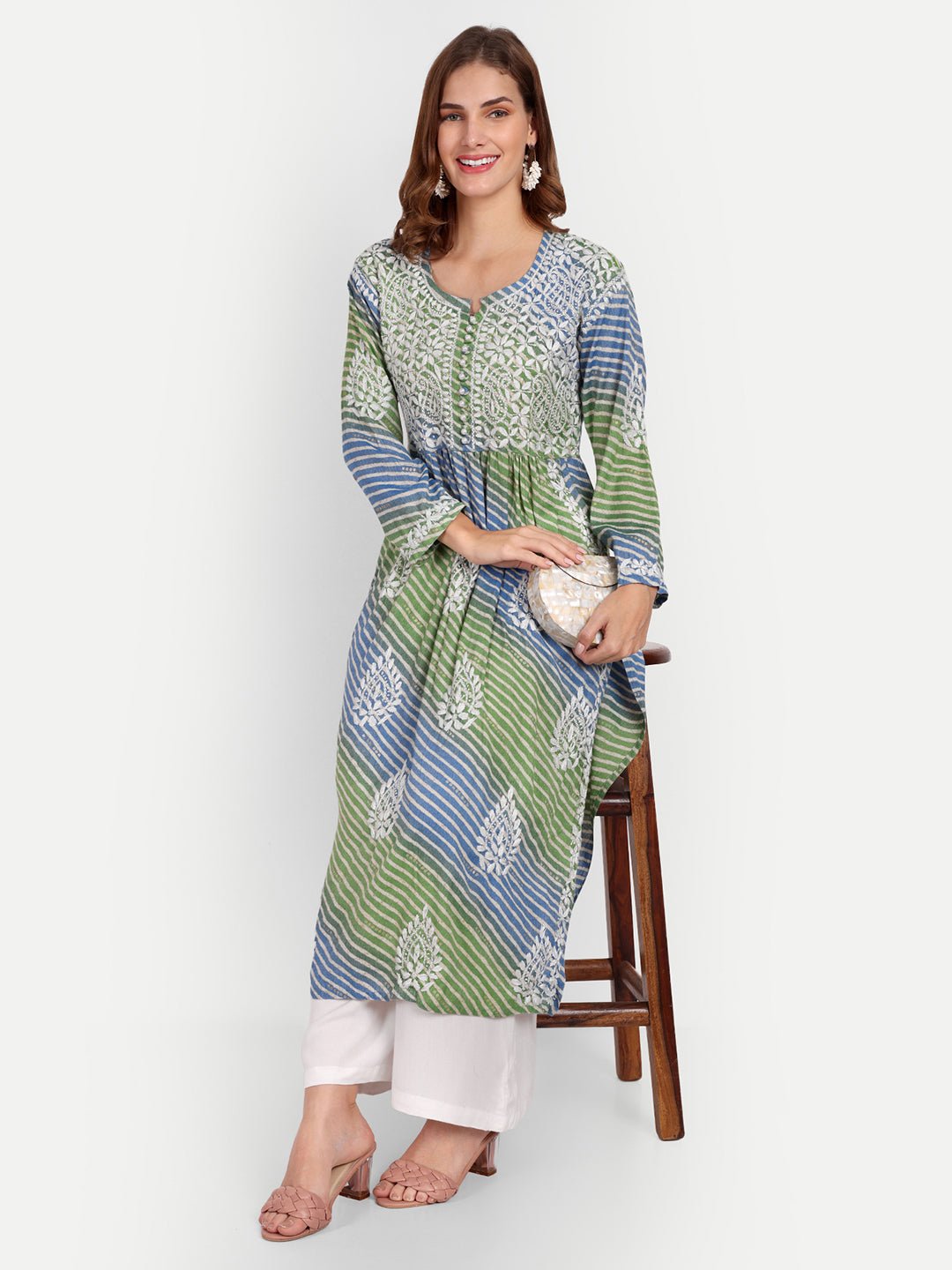 Lucknow Chikankari Hand Embroidered Leheriya Nyra cut Kurta - Indiankala4u