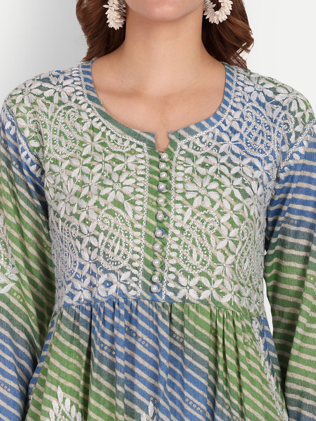 Lucknow Chikankari Hand Embroidered Leheriya Nyra cut Kurta - Indiankala4u