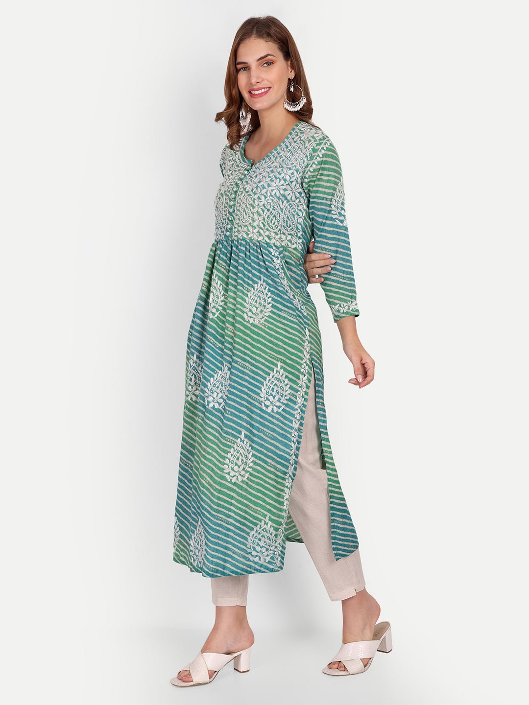 Lucknow Chikankari Hand Embroidered Leheriya Nyra cut Kurta - Indiankala4u