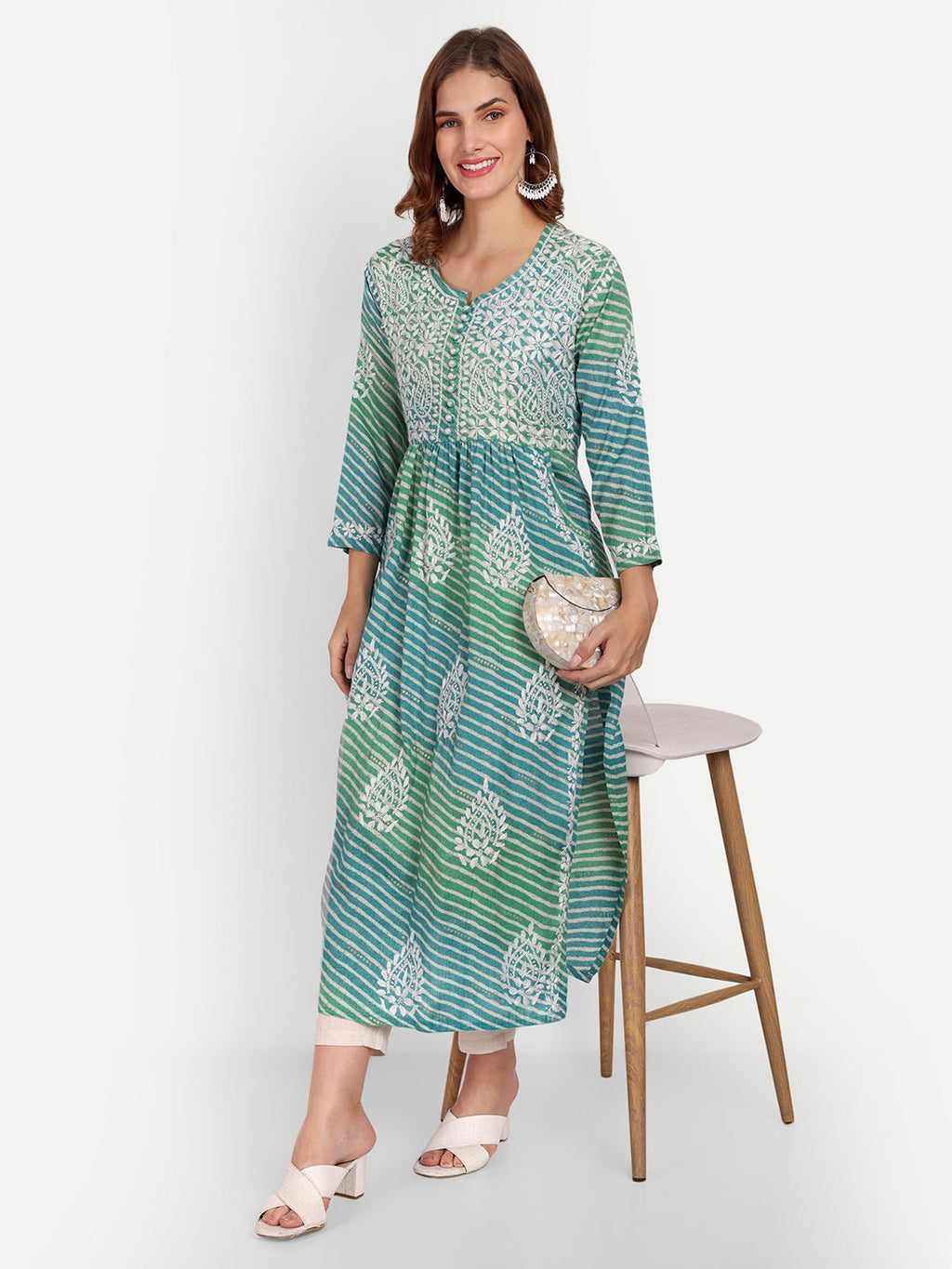 Lucknow Chikankari Hand Embroidered Leheriya Nyra cut Kurta - Indiankala4u