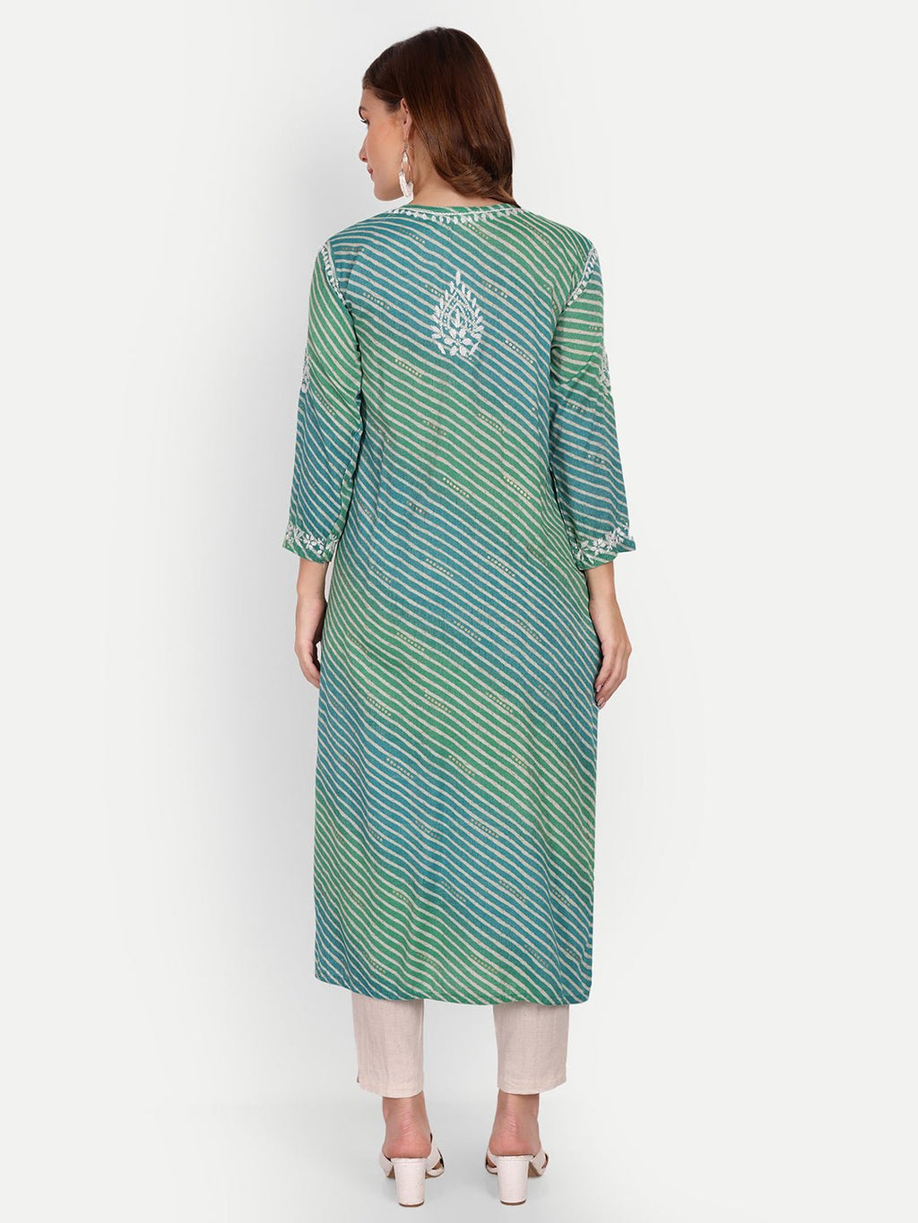 Lucknow Chikankari Hand Embroidered Leheriya Nyra cut Kurta - Indiankala4u