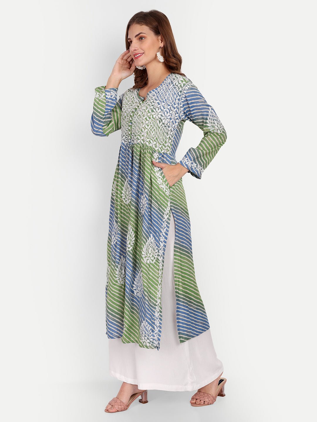 Lucknow Chikankari Hand Embroidered Leheriya Nyra cut Kurta - Indiankala4u