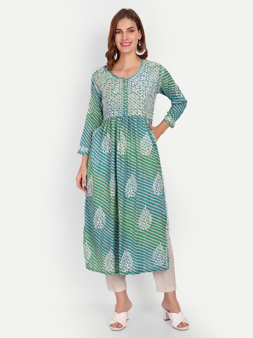 Lucknow Chikankari Hand Embroidered Leheriya Nyra cut Kurta - Indiankala4u