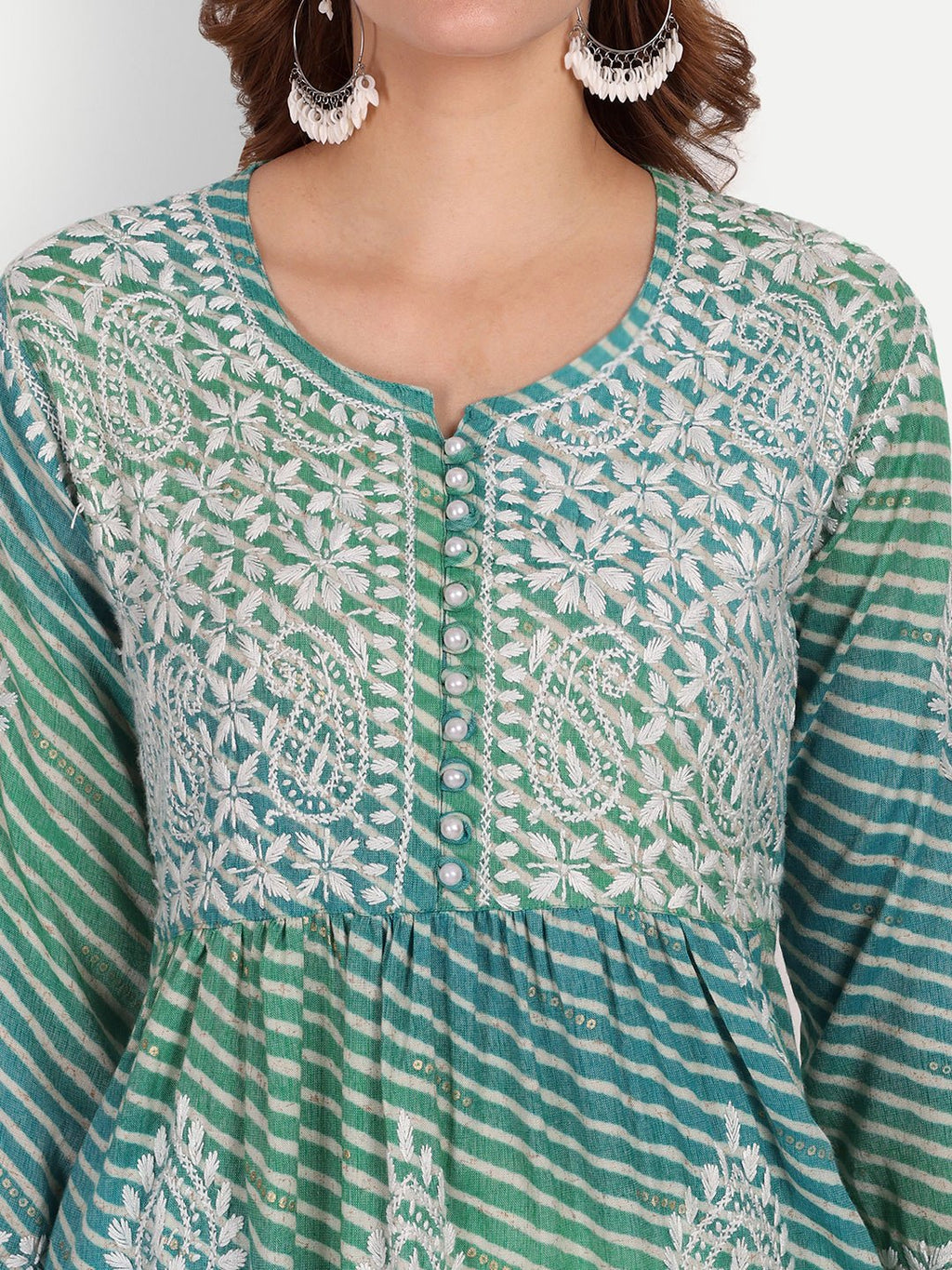 Lucknow Chikankari Hand Embroidered Leheriya Nyra cut Kurta - Indiankala4u