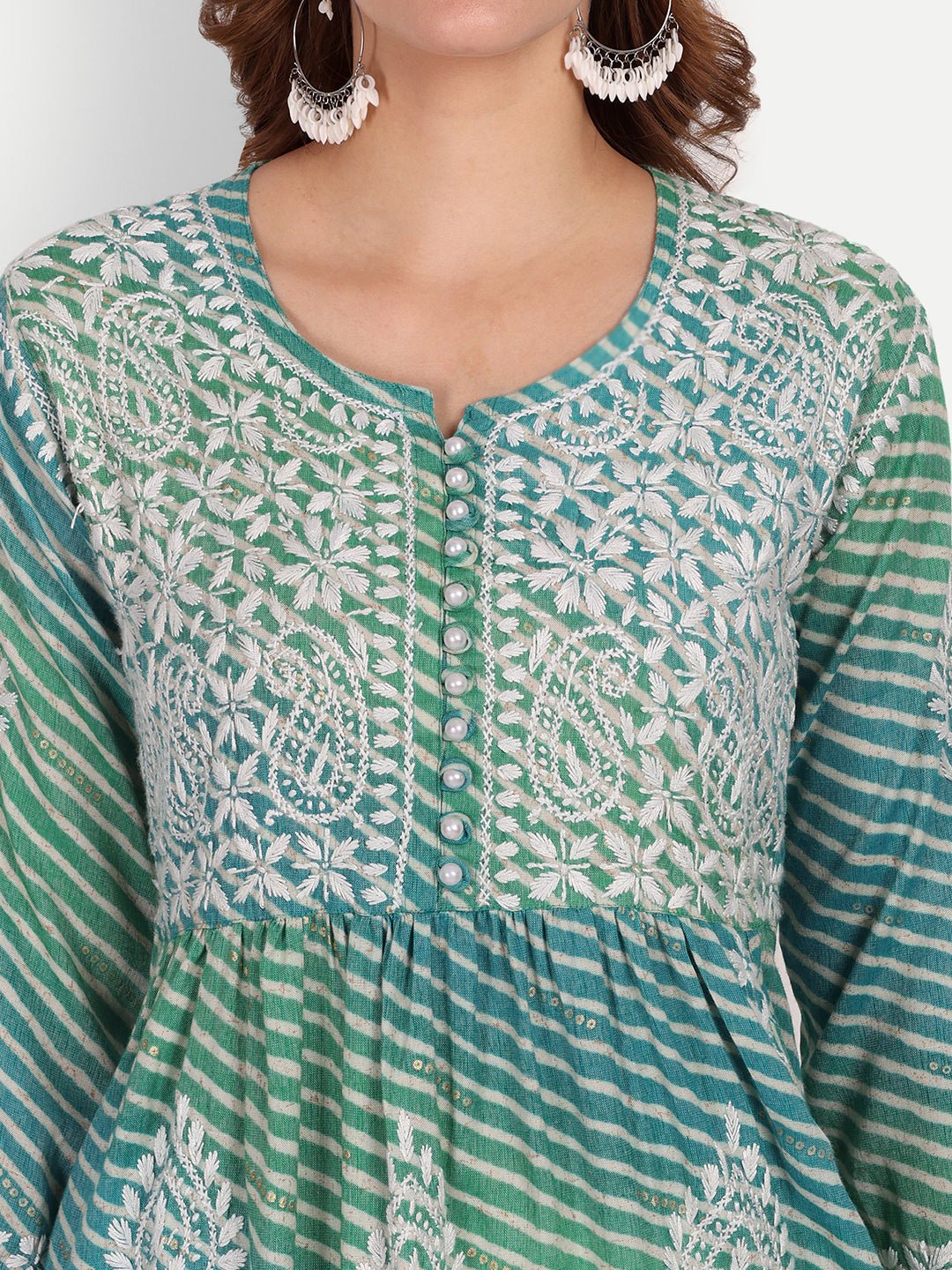 Lucknow Chikankari Hand Embroidered Leheriya Nyra cut Kurta - Indiankala4u