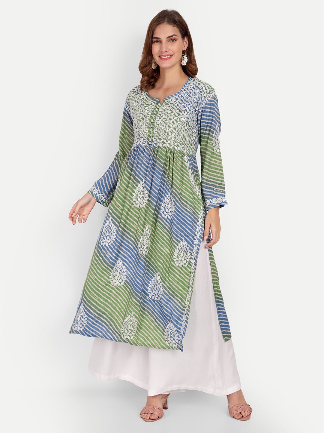 Lucknow Chikankari Hand Embroidered Leheriya Nyra cut Kurta - Indiankala4u