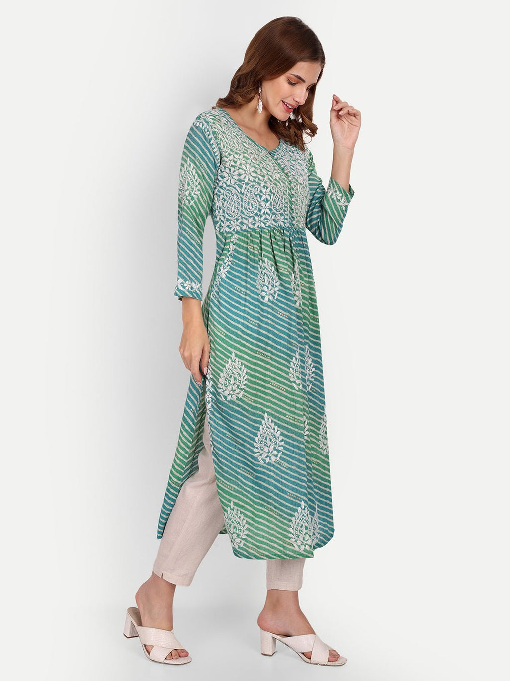 Lucknow Chikankari Hand Embroidered Leheriya Nyra cut Kurta - Indiankala4u