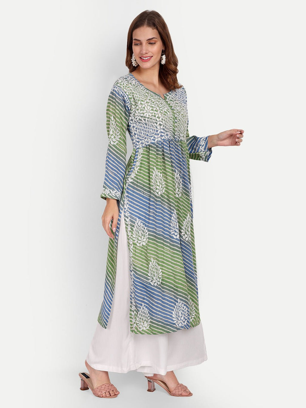 Lucknow Chikankari Hand Embroidered Leheriya Nyra cut Kurta - Indiankala4u