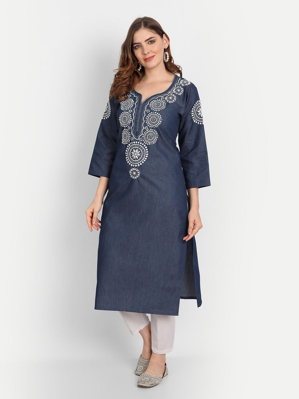 Lucknow Chikankari Hand Embroidered Long Kurta Denim - Indiankala4u