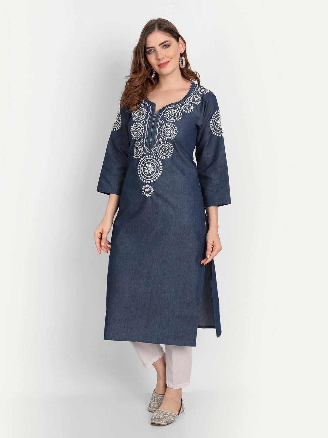 Lucknow Chikankari Hand Embroidered Long Kurta Denim - Indiankala4u