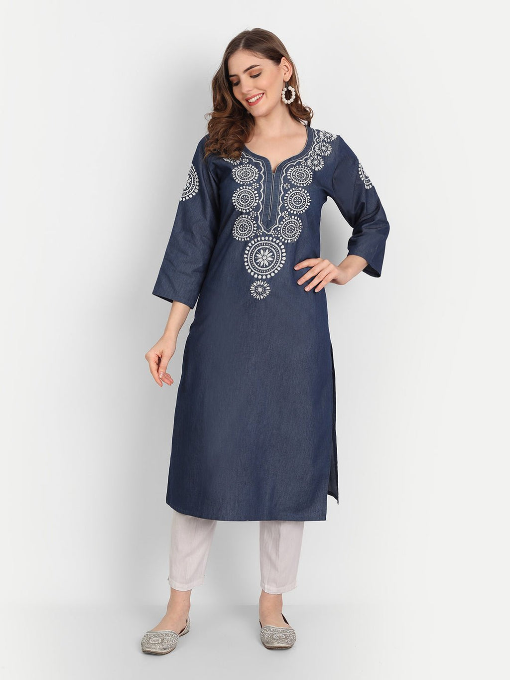 Lucknow Chikankari Hand Embroidered Long Kurta Denim - Indiankala4u