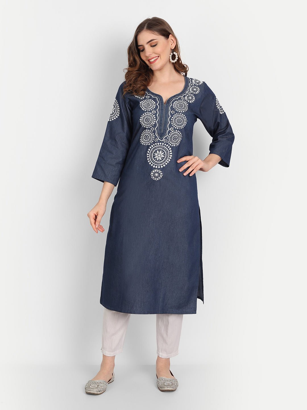 Lucknow Chikankari Hand Embroidered Long Kurta Denim - Indiankala4u