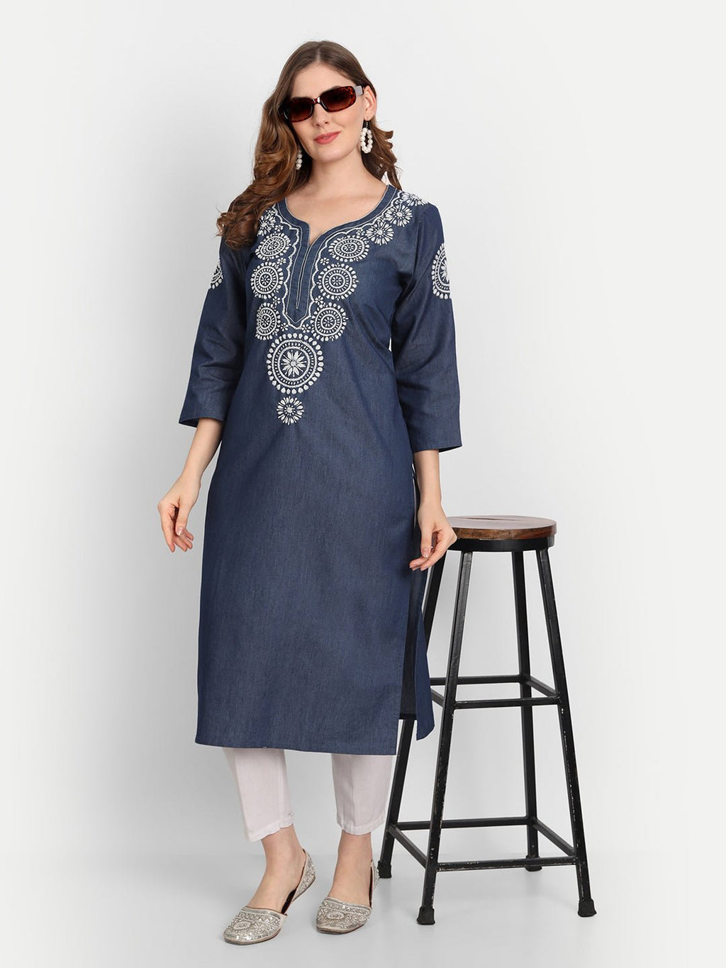 Lucknow Chikankari Hand Embroidered Long Kurta Denim - Indiankala4u