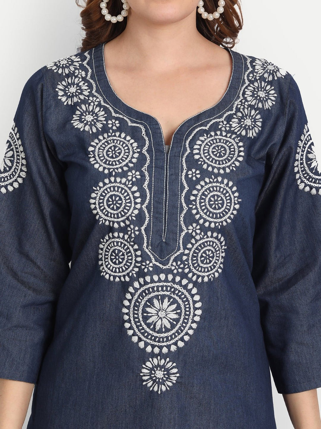 Lucknow Chikankari Hand Embroidered Long Kurta Denim - Indiankala4u
