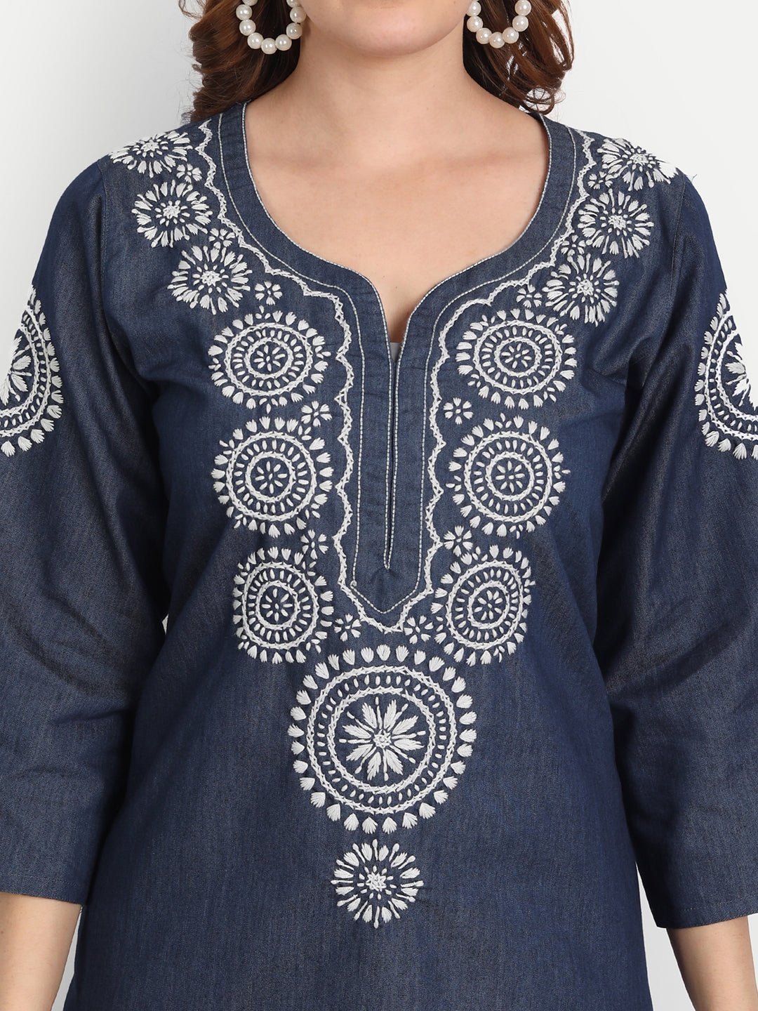 Lucknow Chikankari Hand Embroidered Long Kurta Denim - Indiankala4u