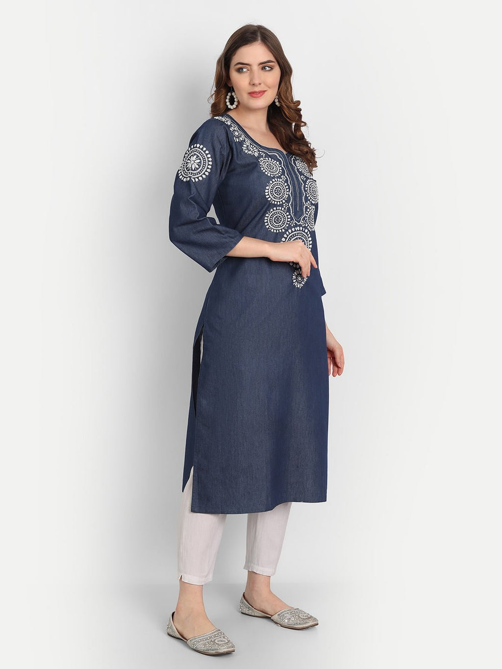 Lucknow Chikankari Hand Embroidered Long Kurta Denim - Indiankala4u
