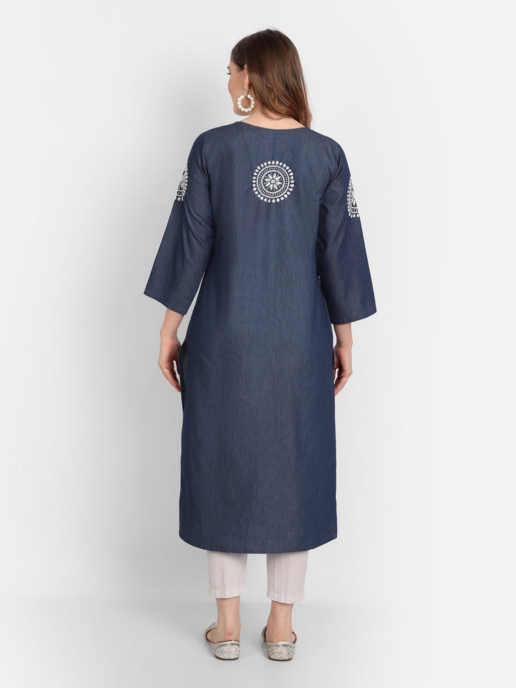 Lucknow Chikankari Hand Embroidered Long Kurta Denim - Indiankala4u
