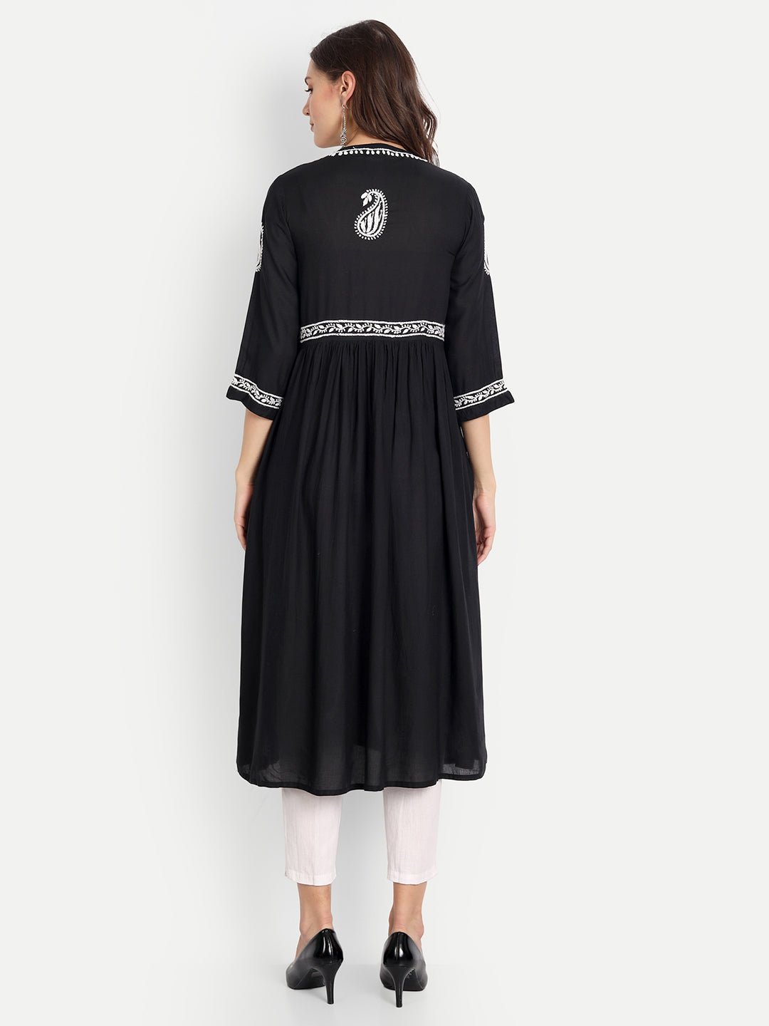 Lucknow Chikankari Hand Embroidered Long kurta for Women Modal Cotton - Indiankala4u