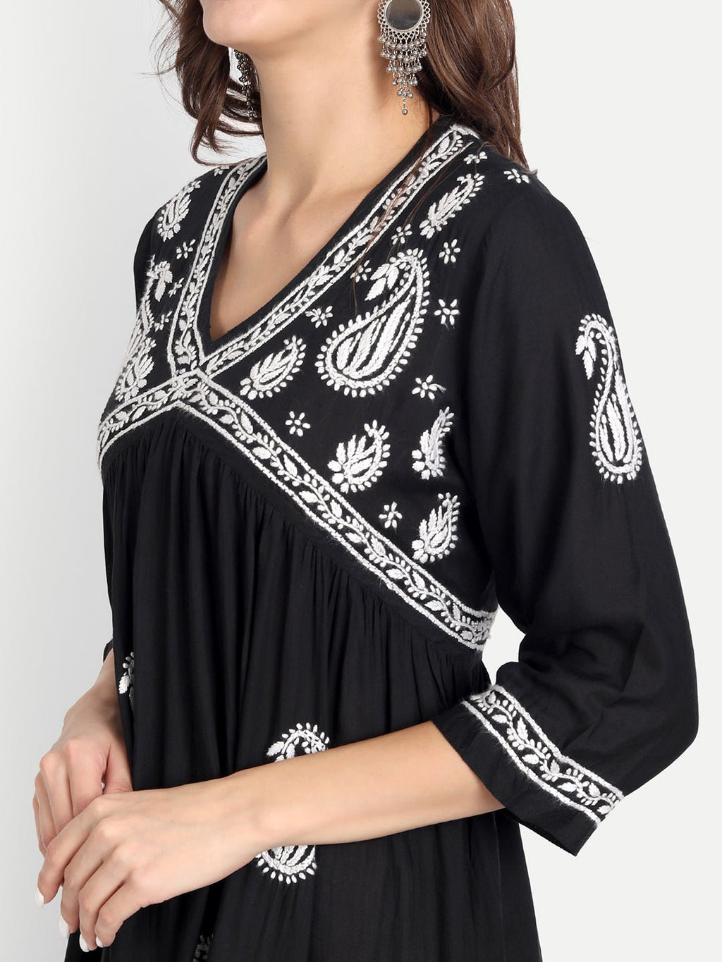Lucknow Chikankari Hand Embroidered Long kurta for Women Modal Cotton - Indiankala4u