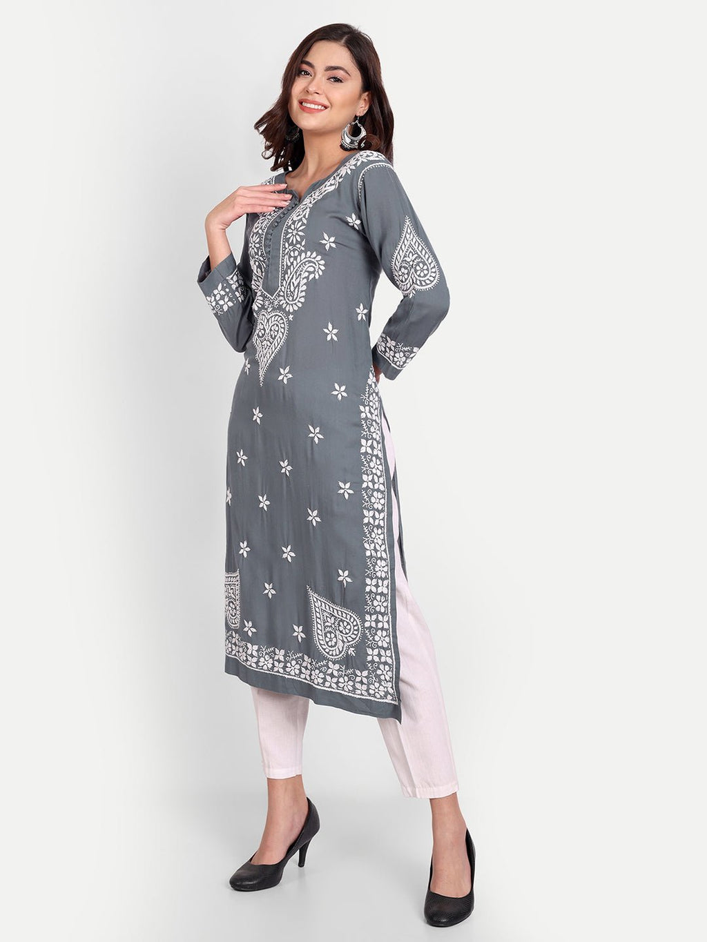 Lucknow Chikankari Hand Embroidered Long kurta for Women Modal Cotton - Indiankala4u