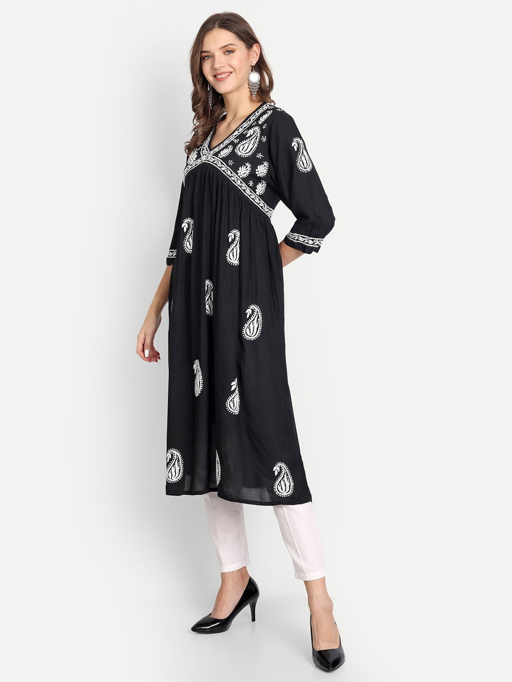 Lucknow Chikankari Hand Embroidered Long kurta for Women Modal Cotton - Indiankala4u