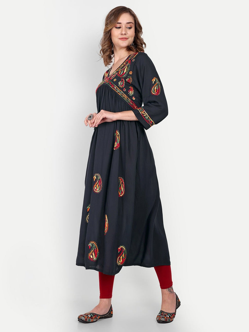Lucknow Chikankari Hand Embroidered Long kurta for Women Modal Cotton - Indiankala4u