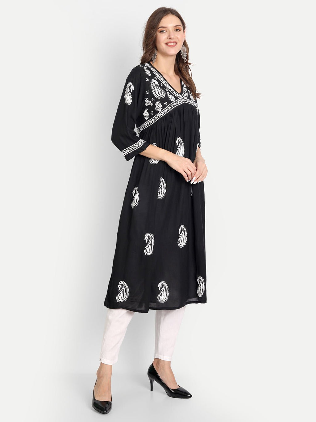 Lucknow Chikankari Hand Embroidered Long kurta for Women Modal Cotton - Indiankala4u