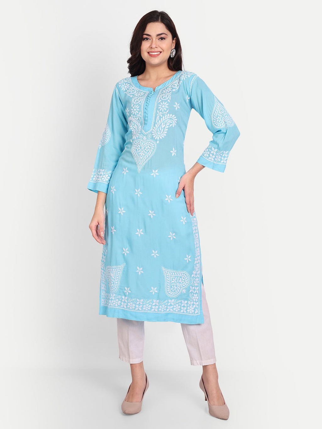 Lucknow Chikankari Hand Embroidered Long kurta for Women Modal Cotton - Indiankala4u