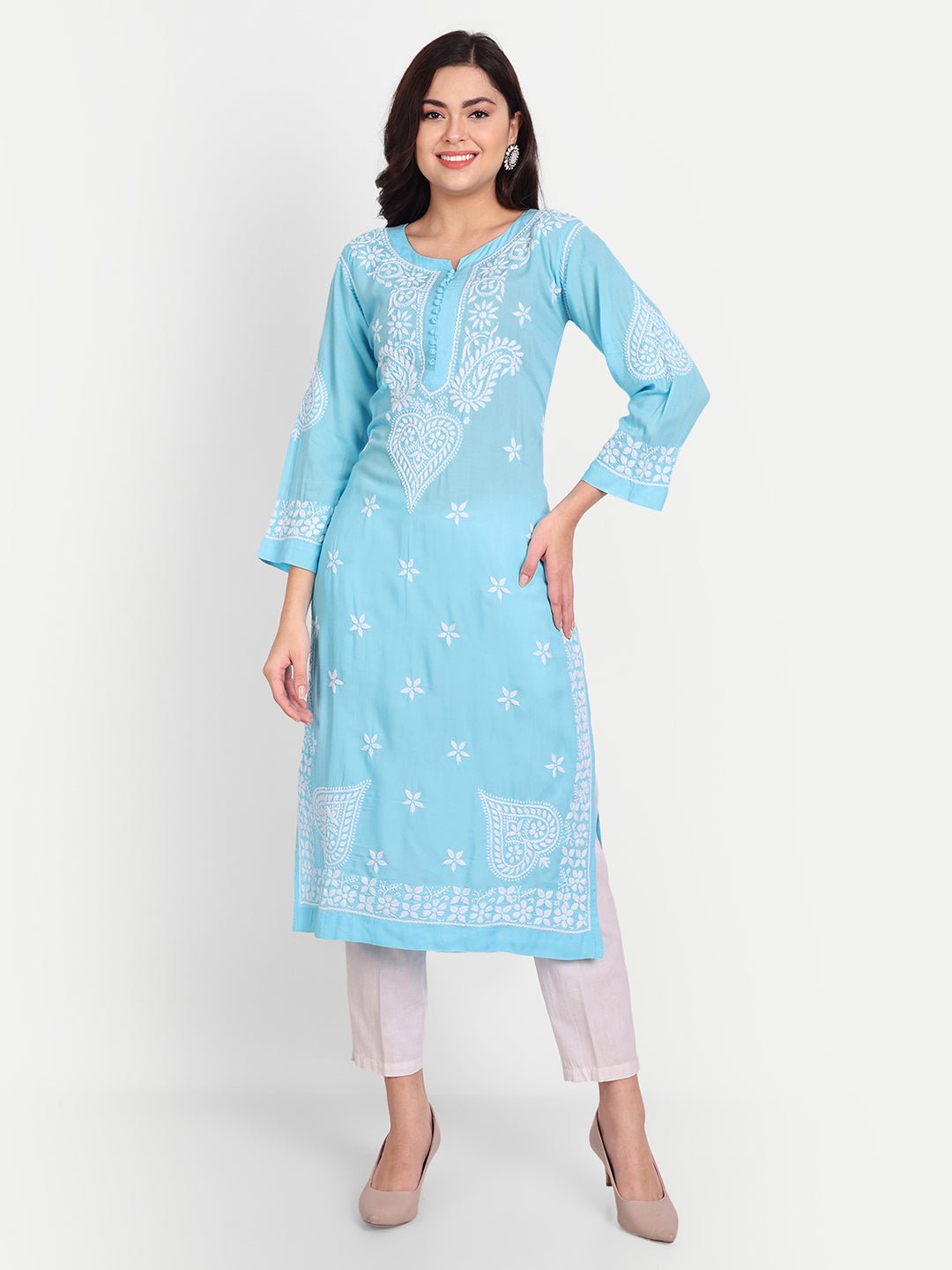 Lucknow Chikankari Hand Embroidered Long kurta for Women Modal Cotton - Indiankala4u