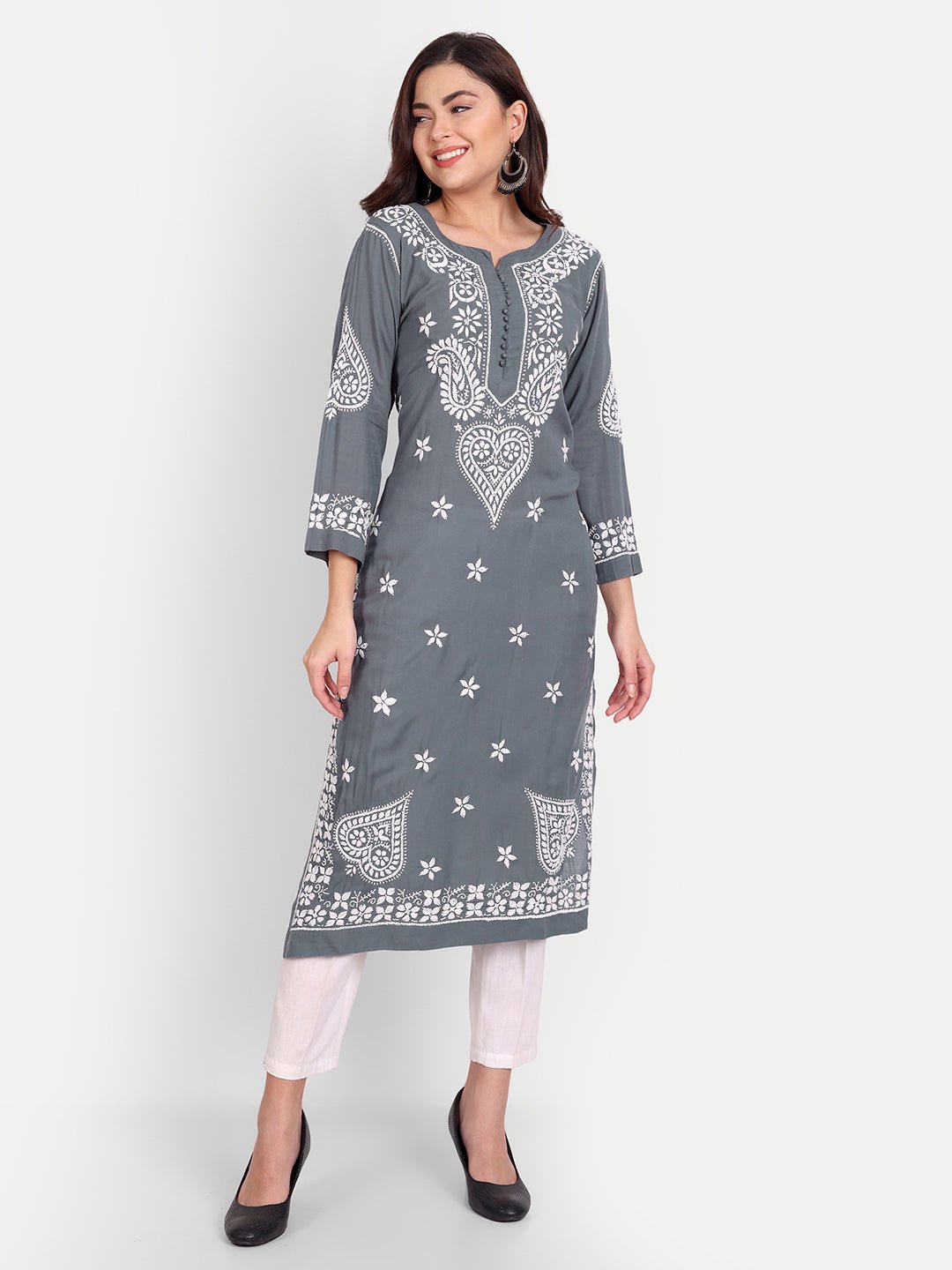 Lucknow Chikankari Hand Embroidered Long kurta for Women Modal Cotton - Indiankala4u