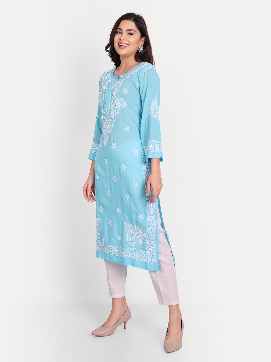 Lucknow Chikankari Hand Embroidered Long kurta for Women Modal Cotton - Indiankala4u