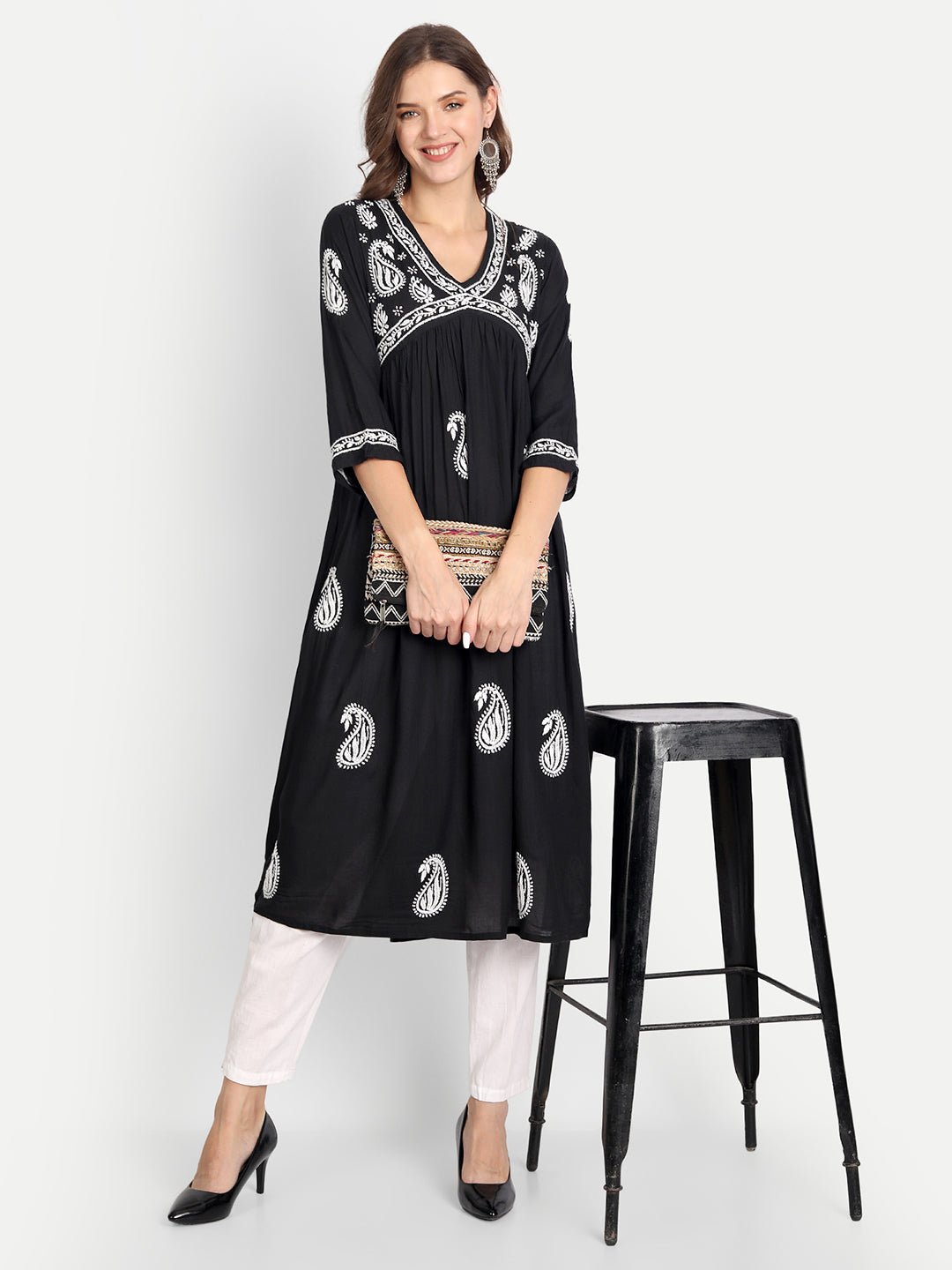 Lucknow Chikankari Hand Embroidered Long kurta for Women Modal Cotton - Indiankala4u