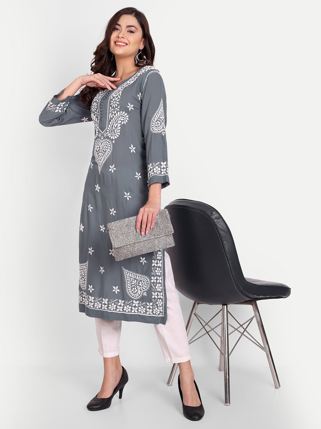 Lucknow Chikankari Hand Embroidered Long kurta for Women Modal Cotton - Indiankala4u