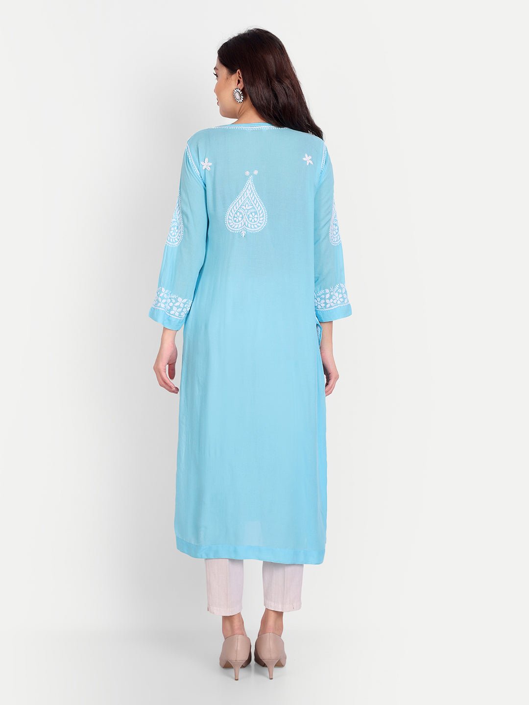 Lucknow Chikankari Hand Embroidered Long kurta for Women Modal Cotton - Indiankala4u