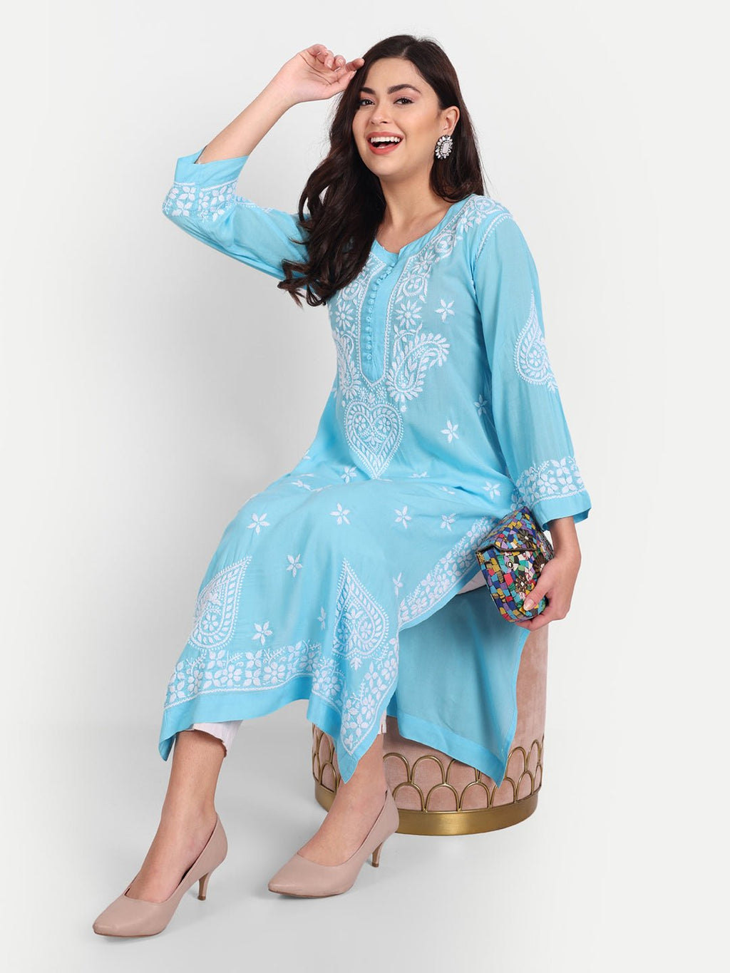 Lucknow Chikankari Hand Embroidered Long kurta for Women Modal Cotton - Indiankala4u