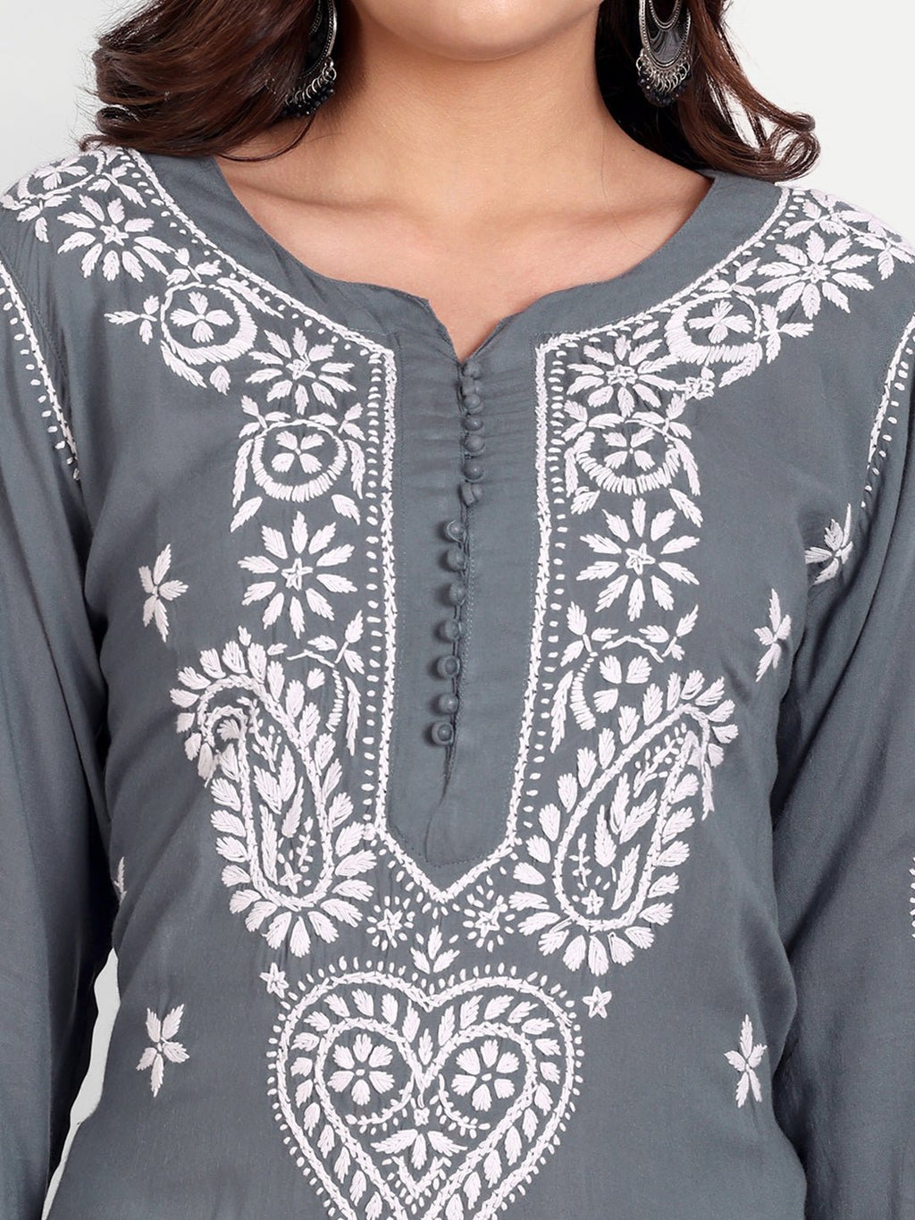 Lucknow Chikankari Hand Embroidered Long kurta for Women Modal Cotton - Indiankala4u