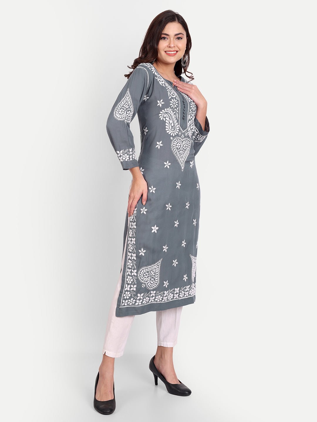 Lucknow Chikankari Hand Embroidered Long kurta for Women Modal Cotton - Indiankala4u