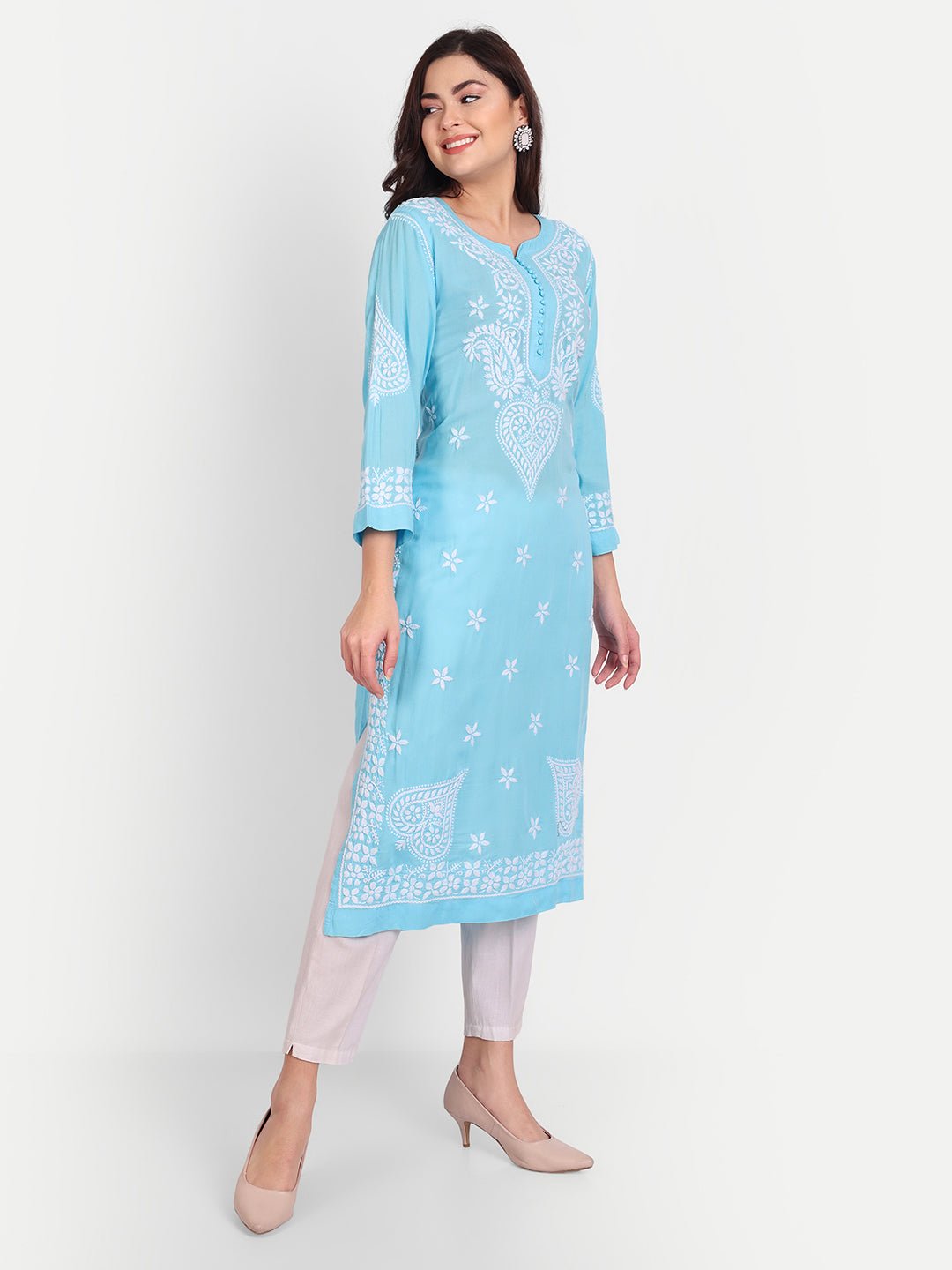 Lucknow Chikankari Hand Embroidered Long kurta for Women Modal Cotton - Indiankala4u
