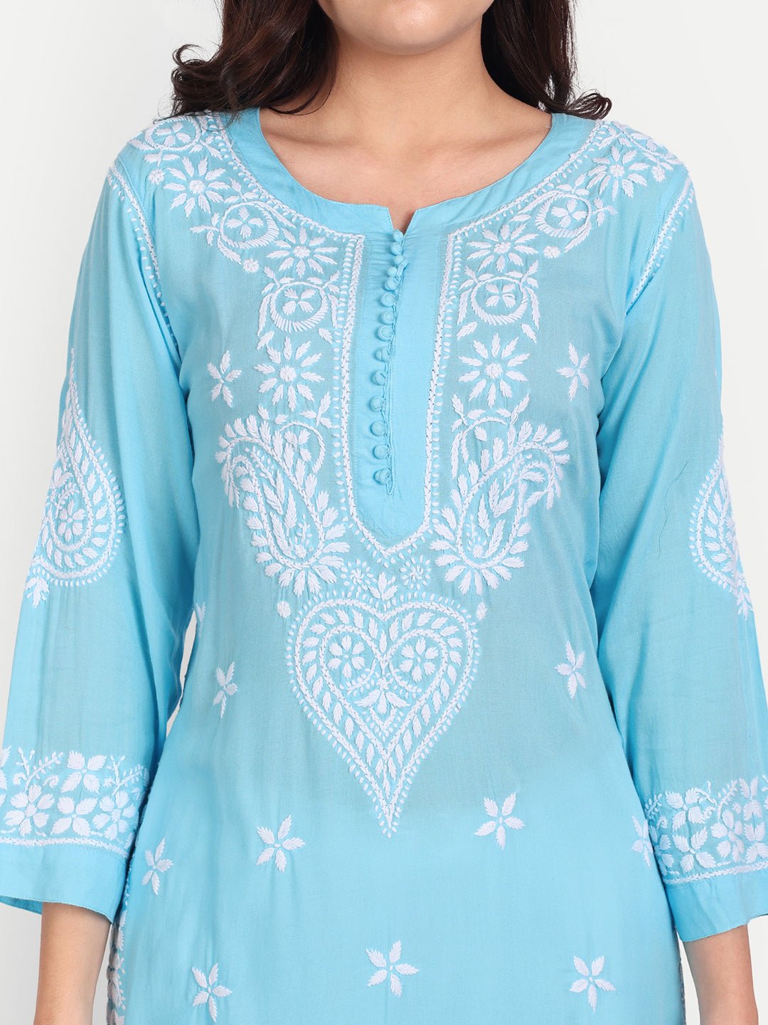 Lucknow Chikankari Hand Embroidered Long kurta for Women Modal Cotton - Indiankala4u