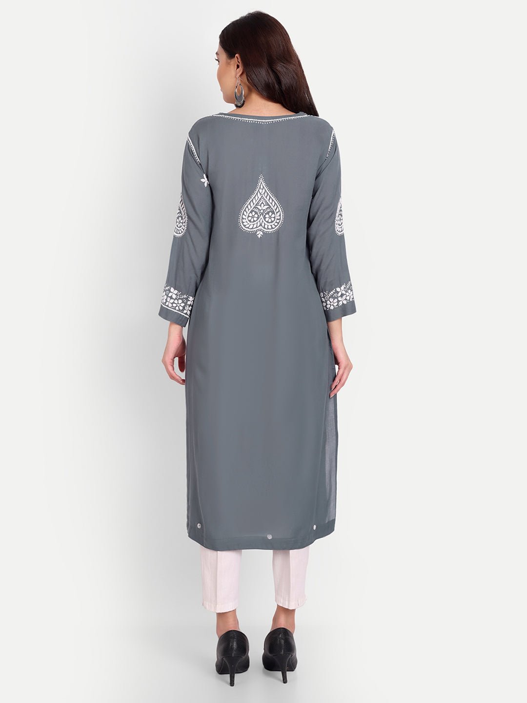 Lucknow Chikankari Hand Embroidered Long kurta for Women Modal Cotton - Indiankala4u