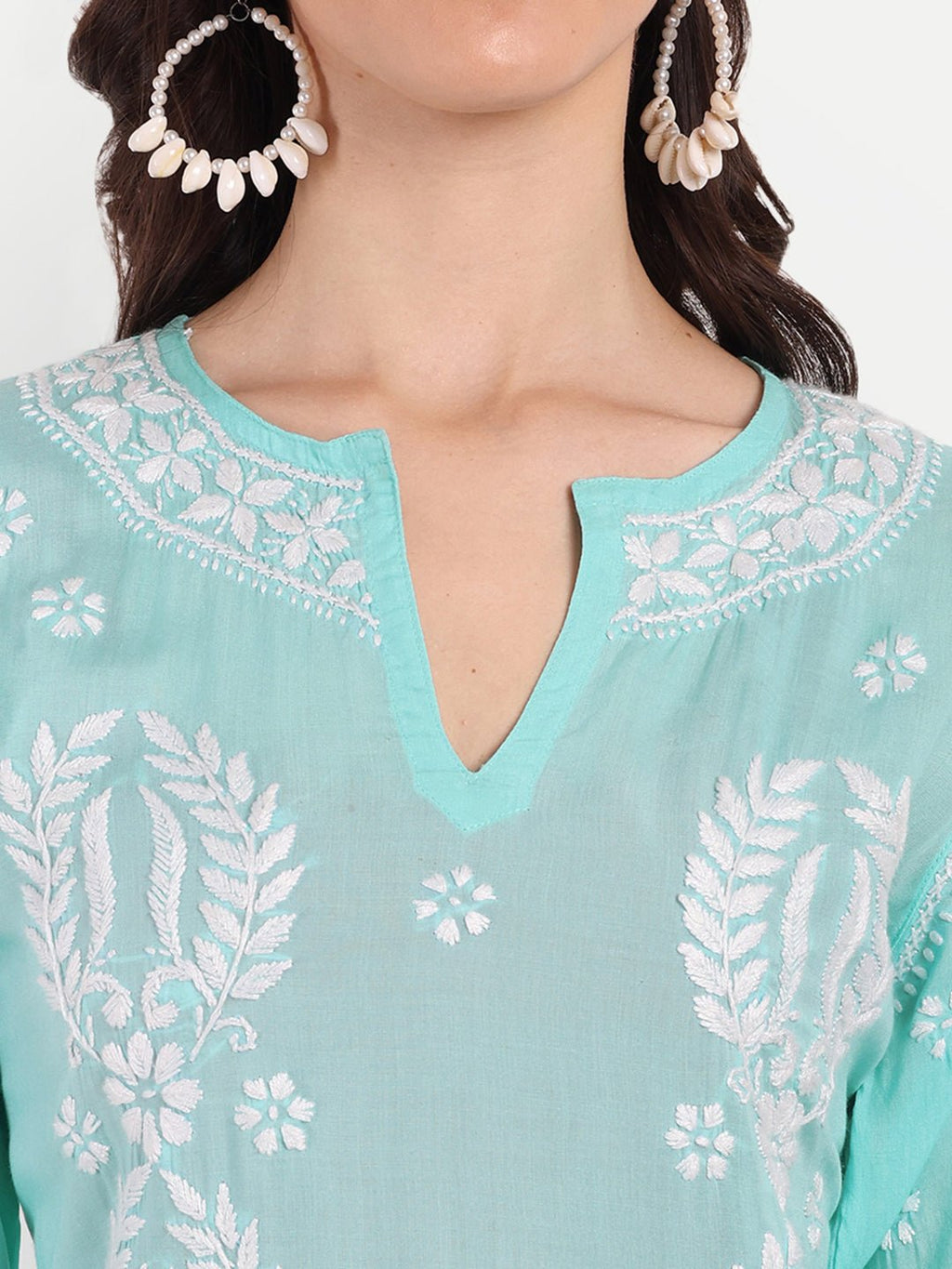 Lucknow Chikankari Hand Embroidered Long kurta Modal Cotton - Indiankala4u