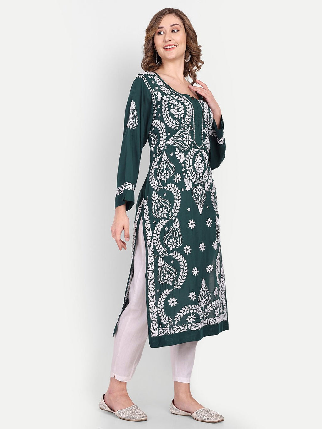 Lucknow Chikankari Hand Embroidered Long kurta Modal Cotton - Indiankala4u